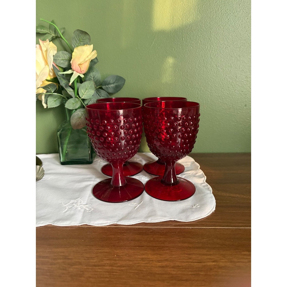Vintage Red Hobnail Goblets, Set of 4, Ruby Glass Water Goblets